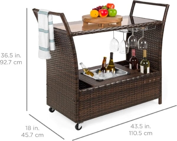 Best Choice Products Outdoor Rolling Wicker Bar Cart w/Removable Ice Bucket, Glass Countertop, Wine Glass Holders, Storage Compartments - Brown - Image 8