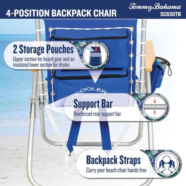 Tommy Bahama Hi-Boy 17" Seat Height 4-Position Lace-Up Suspension Folding Beach Backpack Chair, 1-Pack, Green and Blue Stripe - Image 4