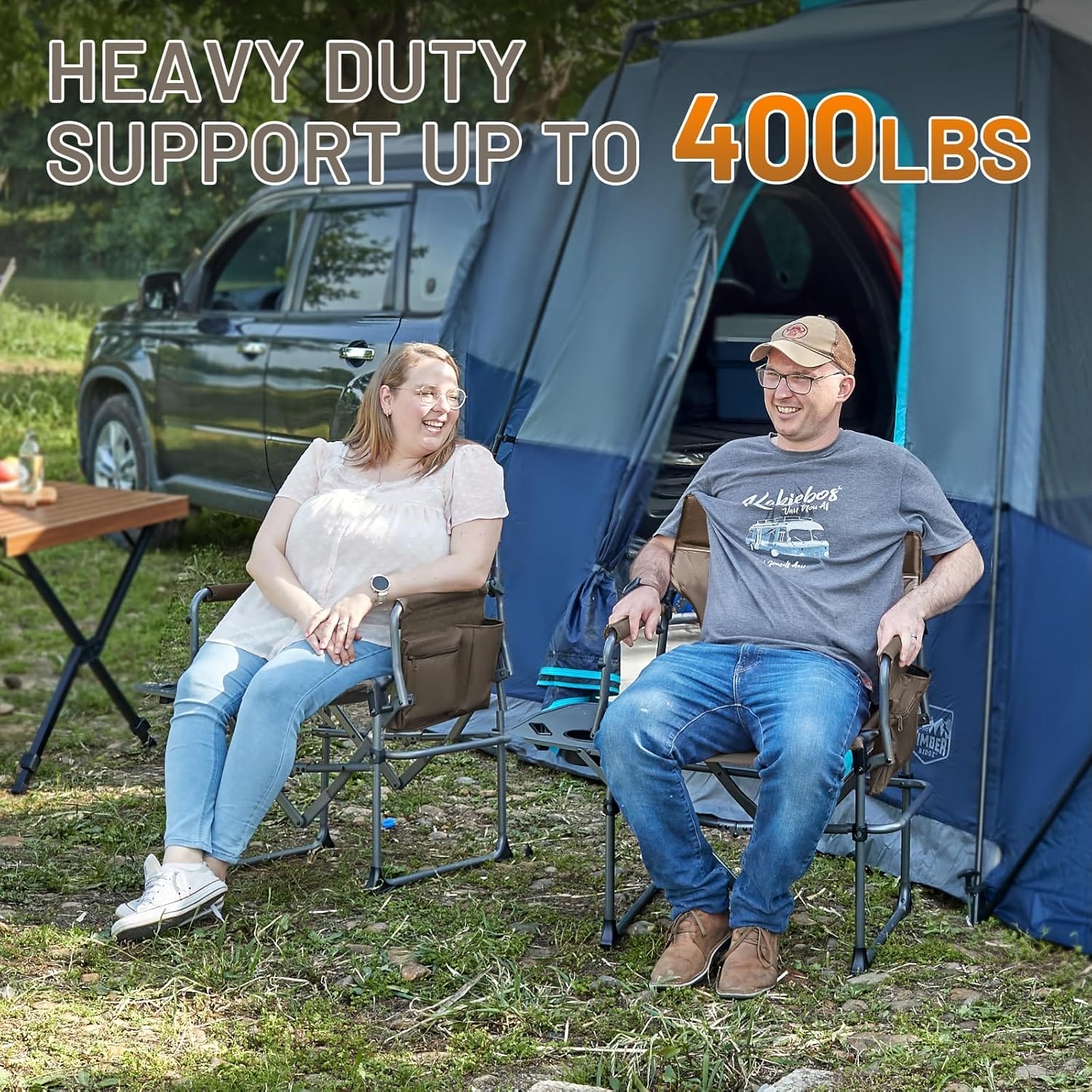 TIMBER RIDGE Heavy Duty Camping Chair with Compact Size, Portable Directors Chair with Side Table and Pocket for Camping, Lawn, Sports and Fishing, Supports Up to 400lbs, Tan 2 Pack - Image 4