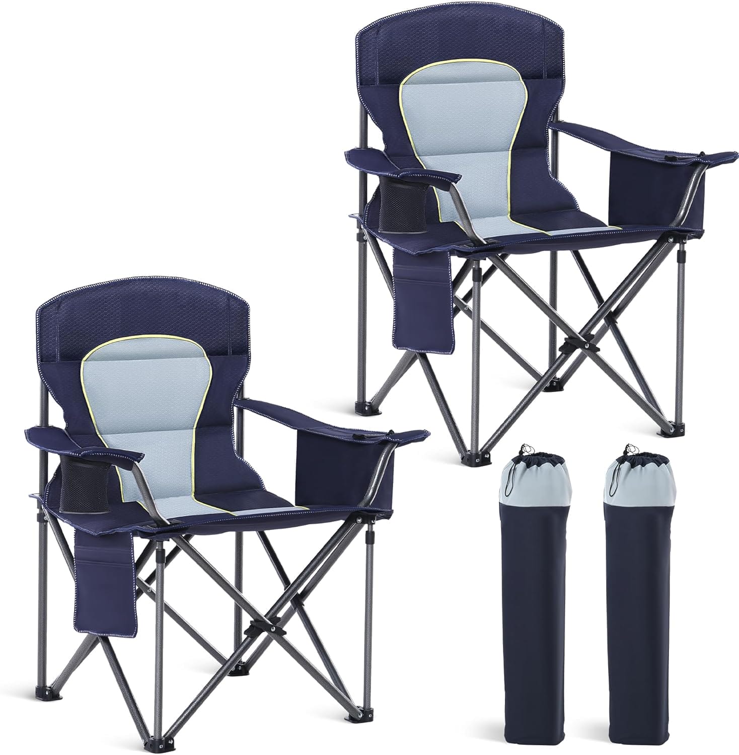 Oversized Camping Folding Chair, Heavy Duty Portable Outdoor Chair, Foldable Camp Chair with Cup Holder and Cooler Bag Support 450 LBS, 2 Pack, Dark Blue