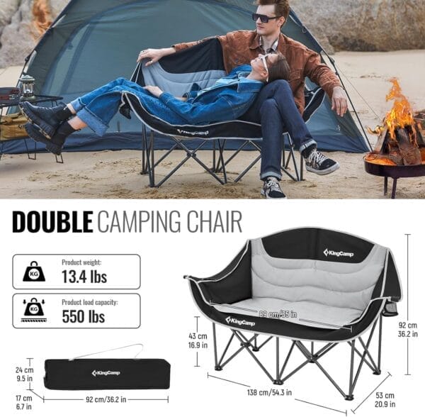 KingCamp Double Camping Chair, Oversized Heavy Duty Loveseat for Adults Portable Folding XL 2 Person Couch Padded Comfortable Two Seat with Cup Holder for Outdoor Lawn Backyard - Image 2