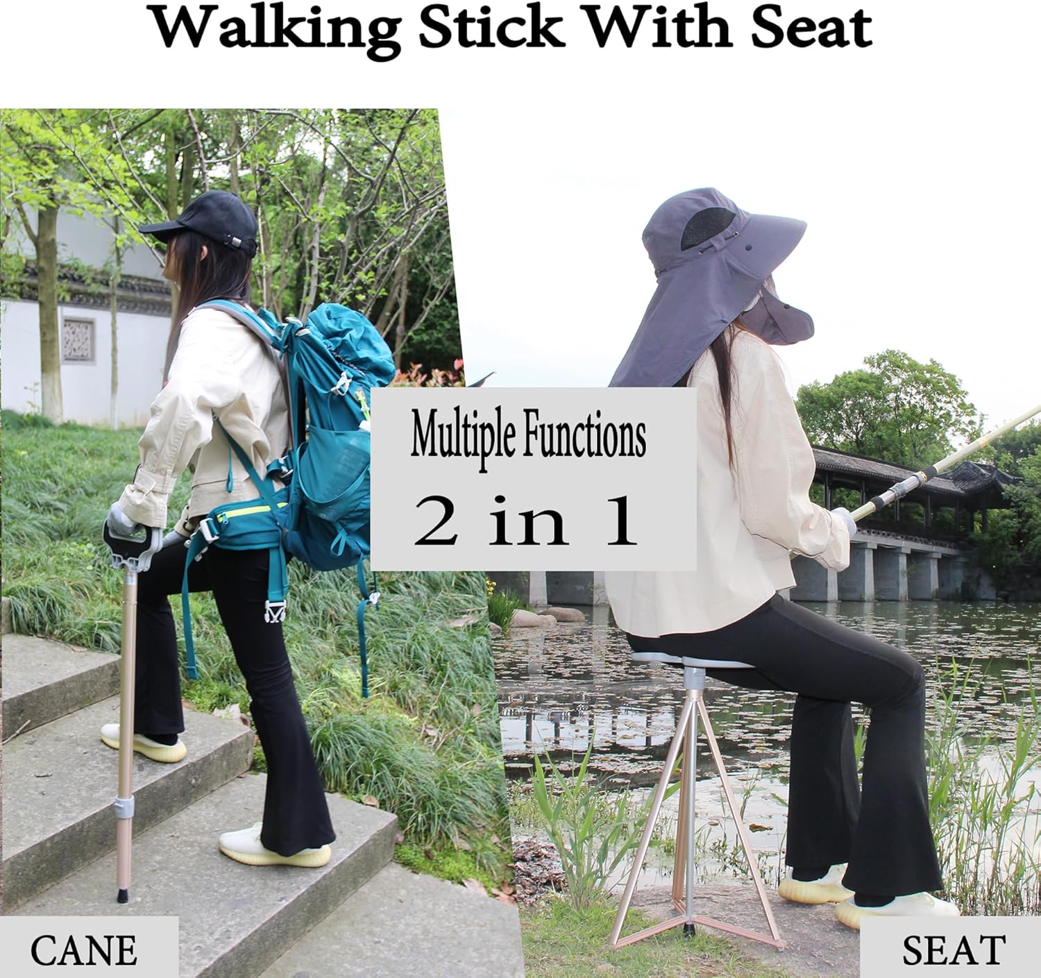 Walking Cane with Seat for Men & Women,Portable Cane Seat with Carry Bag,Lightweight Anti-Slip Walking Stick for Seniors & Adults,Foldable Adjustable Cane Chair for Travel Hiking - Image 2