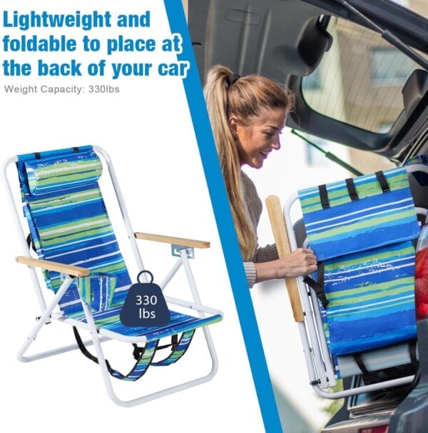 Outvita Folding Beach Chair Adjustable Headrest w/4 Flexible Tilt Angle, Cup Holder Portable High Strength Cleanable Fabric, for Sand Camping Lawn Concert Travel Festival - Image 6