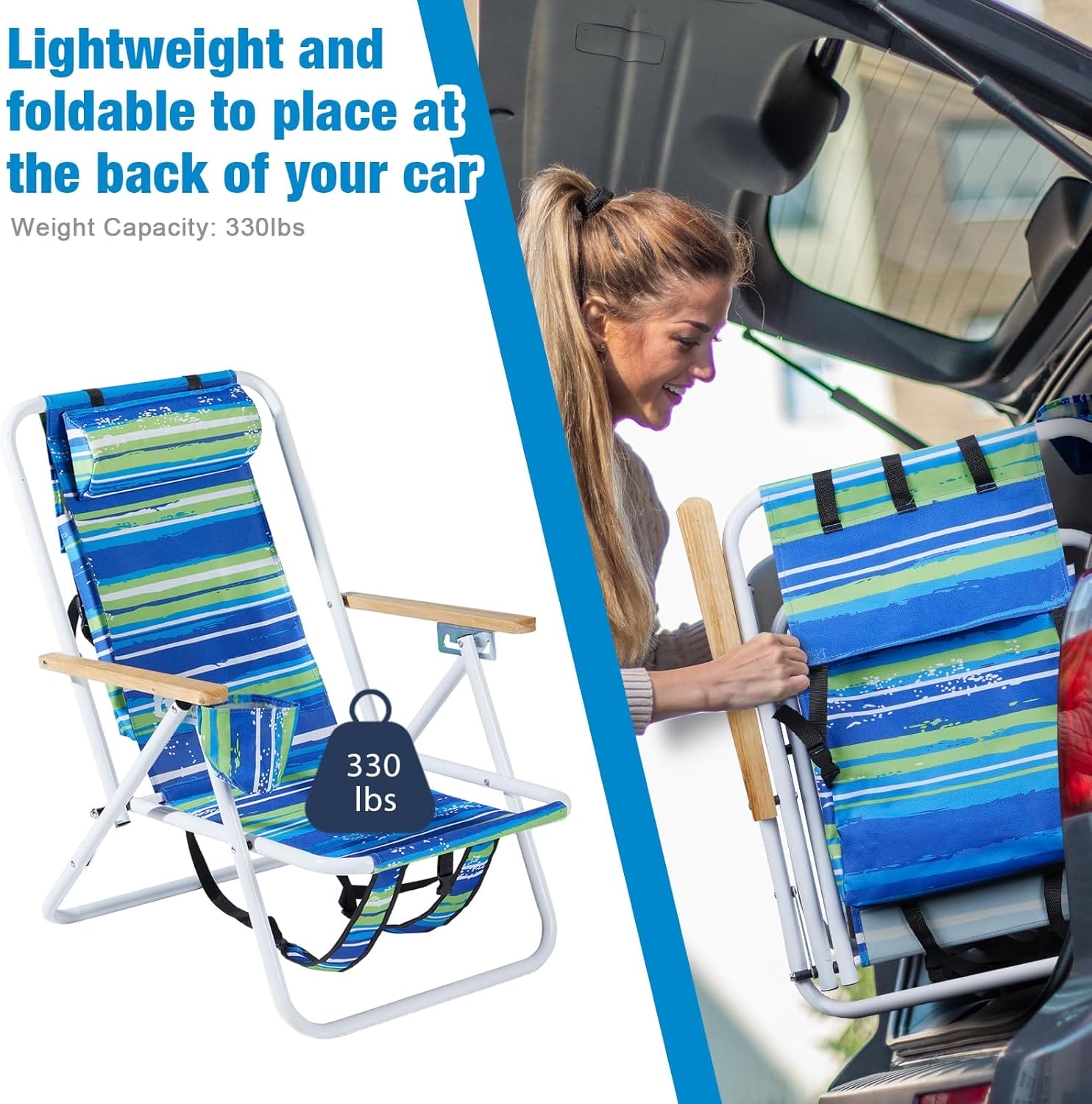 Outvita Folding Beach Chair Adjustable Headrest w/4 Flexible Tilt Angle, Cup Holder Portable High Strength Cleanable Fabric, for Sand Camping Lawn Concert Travel Festival - Image 6