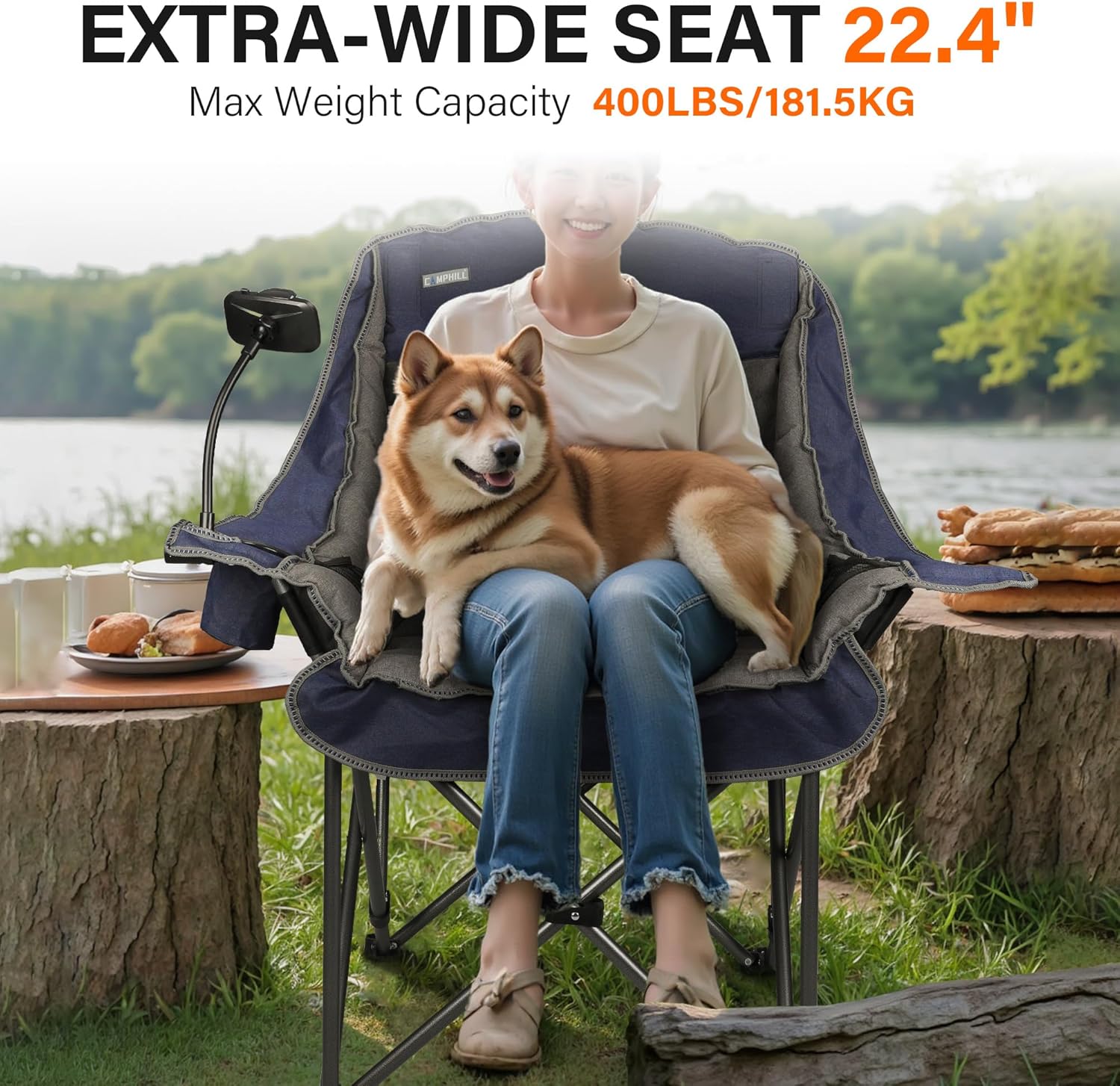 Camping Chairs for Adults-Oversized Extra Large Lawn Chair,Folding Comfy Padded Chair w/Phone Holder,Side Pocket,Cup Holder for Outdoor,Wide&Thick,Heavy Duty 400Lbs,Blue - Image 3