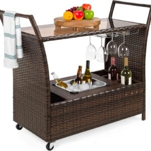 Best Choice Products Outdoor Rolling Wicker Bar Cart w/Removable Ice Bucket, Glass Countertop, Wine Glass Holders, Storage Compartments - Brown