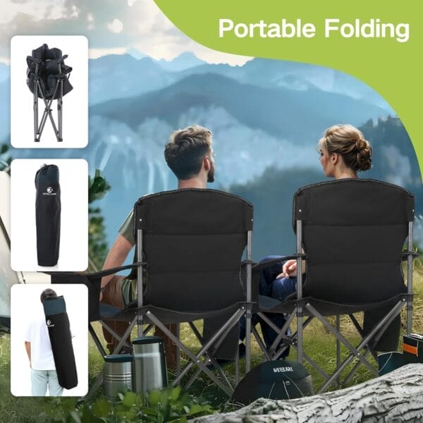 GREEN PARTY Folding Camping Chair Oversized Heavy Duty Lawn Chair with Cooler Bag, Cup Holder, Storage Pocket, Collapsible Padded Outdoor Arm Chair, Quad Lumbar - Image 6