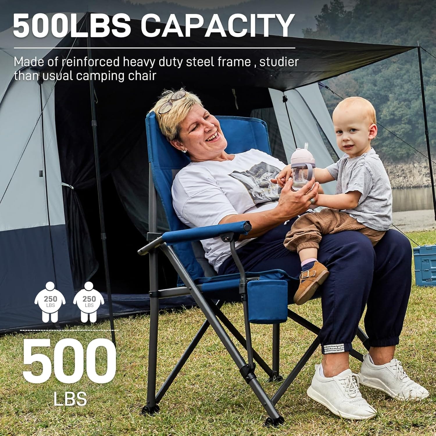 EVER ADVANCED Oversized Folding Camping Chair for Adults, Heavy Duty Lawn Chair with Side Pockets, Portable Collapsible Quad Chair for Outside, Support Up to 500lbs - Image 3