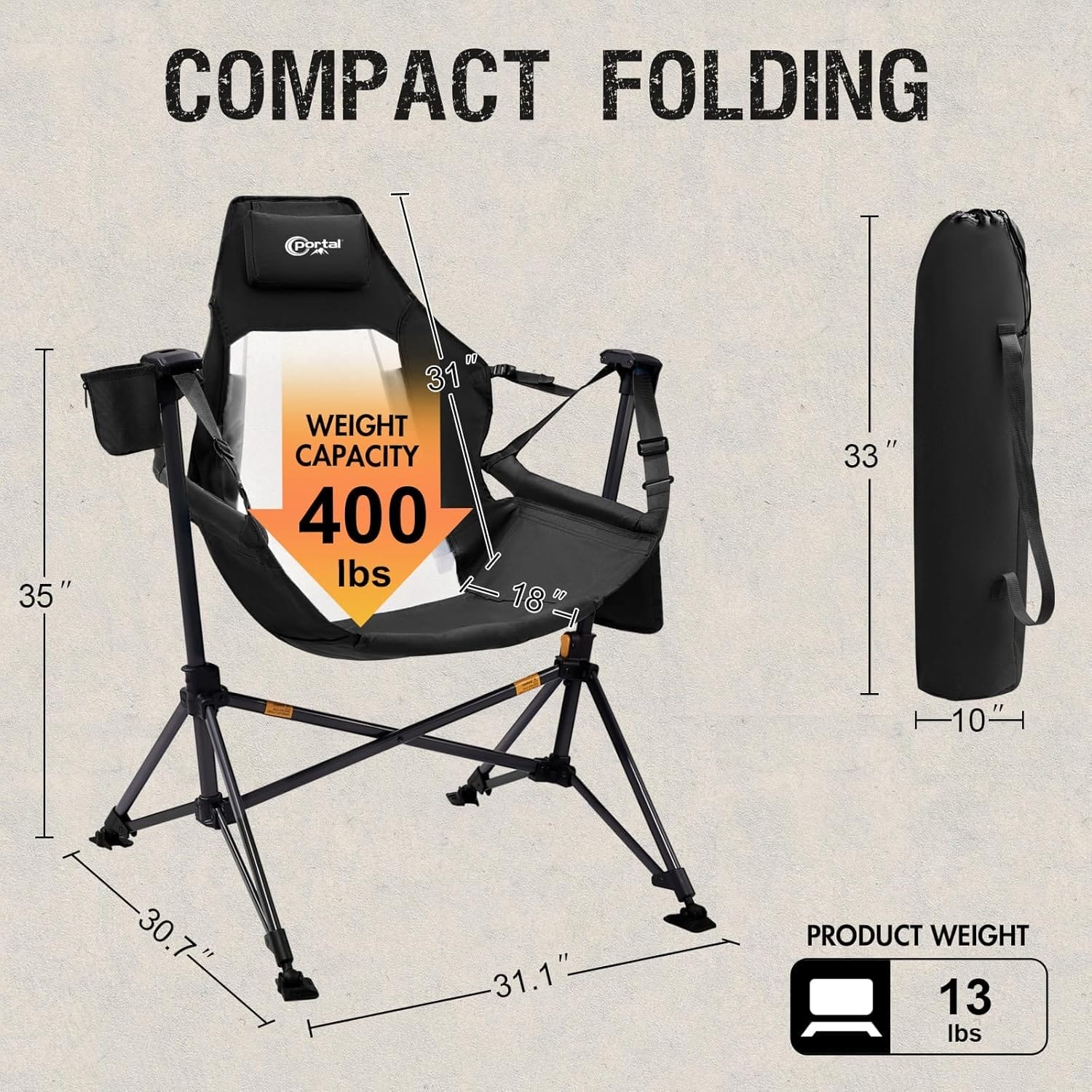 PORTAL Hammock Camping Chair, Portable Outdoor Swinging Chairs, Rocking Chair for Adults with Adjustable Back and Height for Lawn, Backyard, Patio, Supports 400 lbs, Breathable Mesh High Back, Black - Image 3