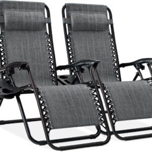 Best Choice Products Set of 2 Adjustable Steel Mesh Zero Gravity Lounge Chair Recliners w/Pillows and Cup Holder Trays - Gray