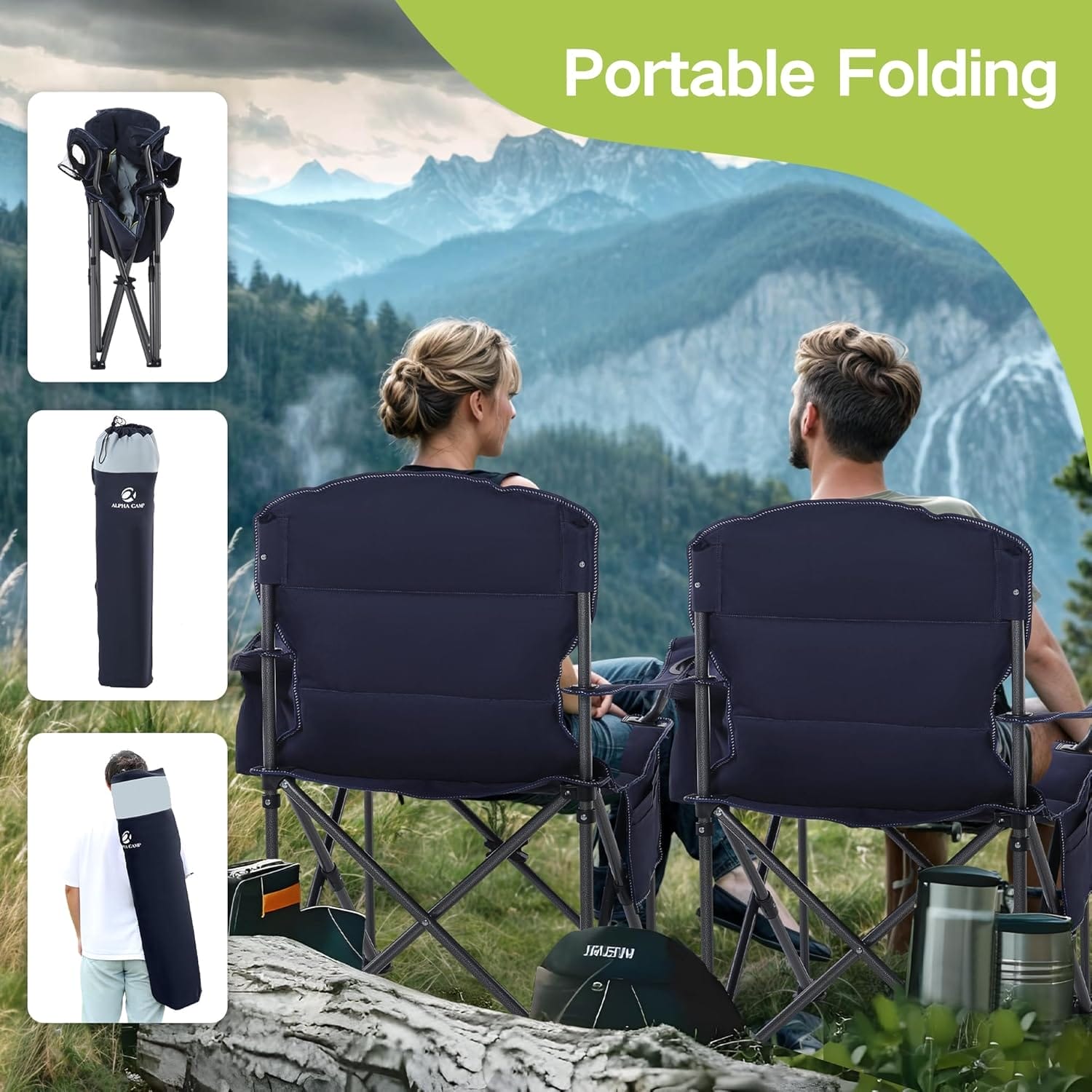 GREEN PARTY Folding Camping Chair Oversized Heavy Duty Lawn Chair with Cooler Bag, Cup Holder, Storage Pocket, Collapsible Padded Outdoor Arm Chair, Quad Lumbar - Image 6