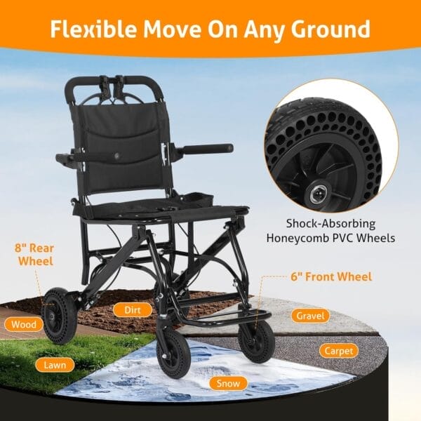 WICHEMI 17.4lbs Ultra-Lightweight Transport Wheelchairs for Adults,220lbs Capacity,17.3" Seat,Portable, Folding, Collapsible,Narrow Transfer Wheel Chair with Carrying Bag - Image 6