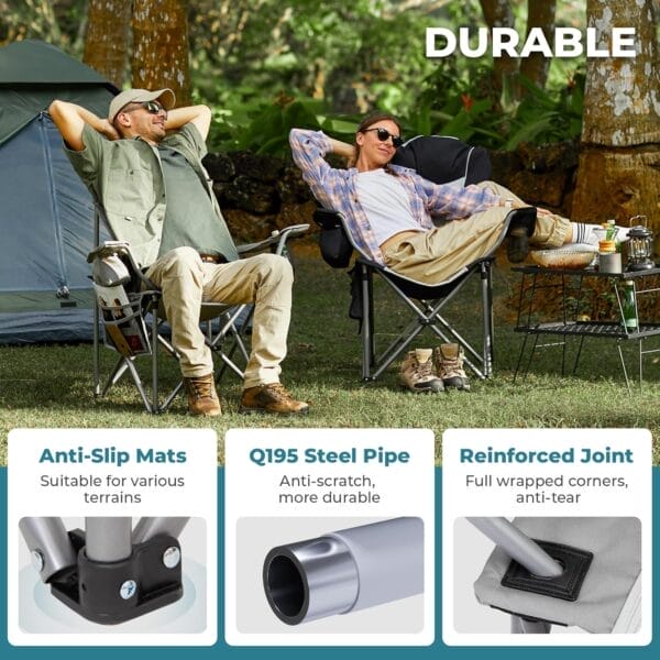 FUNDANGO Folding Camping Chair Heavy Duty, Oversized 440 Lbs Support Outdoor Camp Chairs with Lumbar Support & Cooler Pocket for Fishing Backyard Sports Beach Garden (Grey) - Image 4