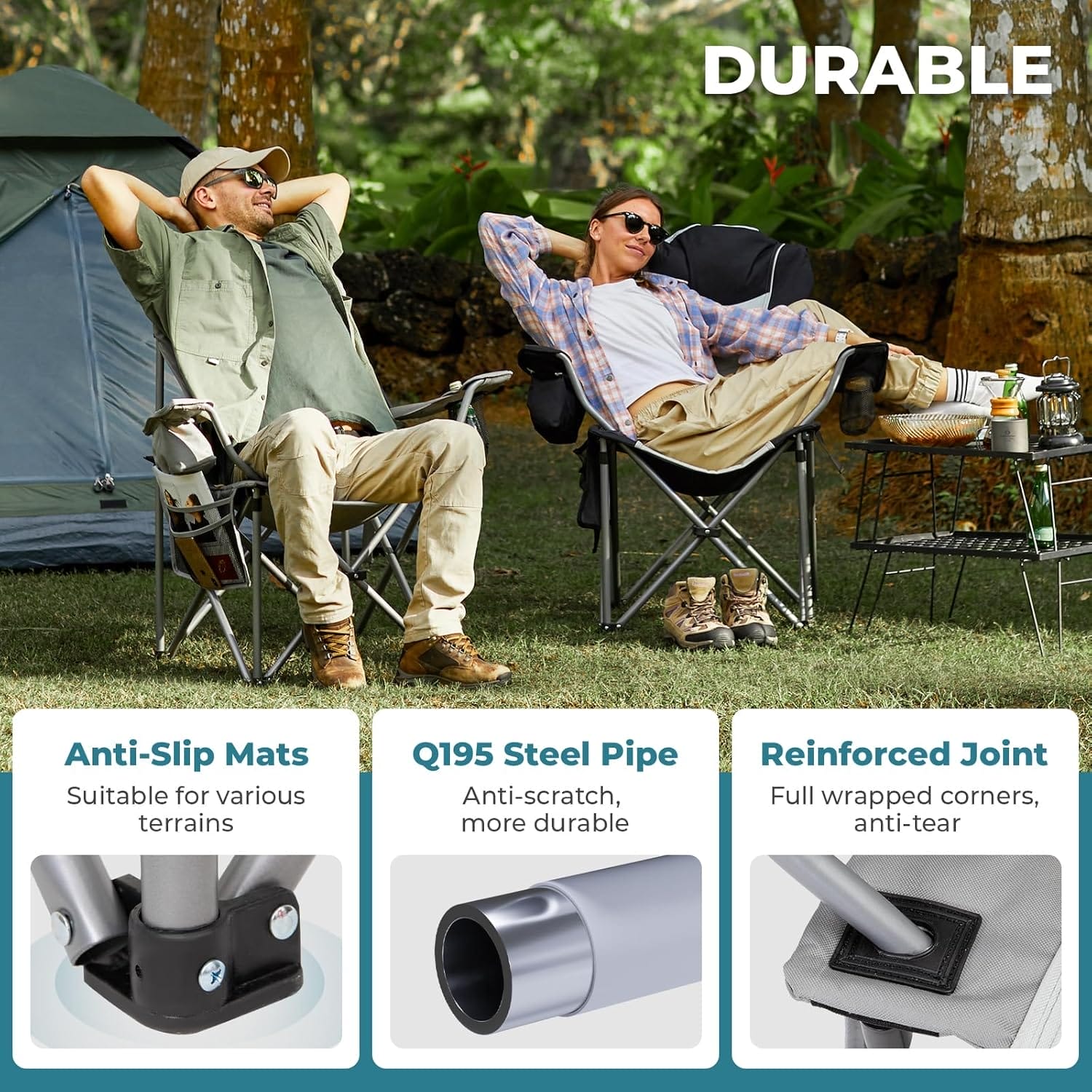 FUNDANGO Folding Camping Chair Heavy Duty, Oversized 440 Lbs Support Outdoor Camp Chairs with Lumbar Support & Cooler Pocket for Fishing Backyard Sports Beach Garden (Grey) - Image 4