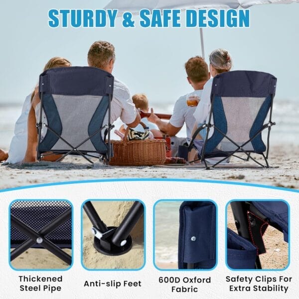 Lamberia Folding Beach Chair for Adults 2 Pack, Portable Low Beach Chairs with 300lbs Capacity, Lightweight Fodable Camping Chair for Travel, Picnic, Concert & Outdoor Activities, Navy Blue - Image 5
