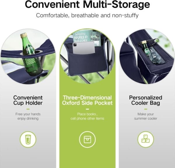 GREEN PARTY Folding Camping Chair Oversized Heavy Duty Lawn Chair with Cooler Bag, Cup Holder, Storage Pocket, Collapsible Padded Outdoor Arm Chair, Quad Lumbar - Image 8