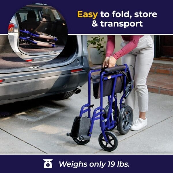 Drive Medical EXP19LTBL Lightweight Expedition Folding Transport Wheelchair with Hand Brakes, Blue - Image 5