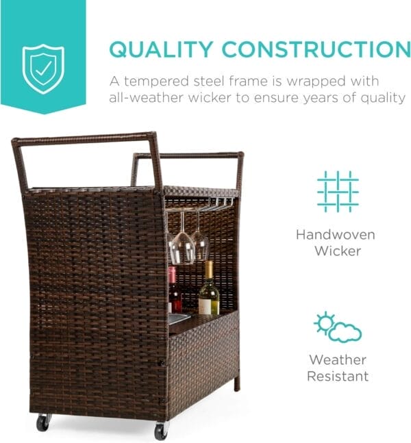 Best Choice Products Outdoor Rolling Wicker Bar Cart w/Removable Ice Bucket, Glass Countertop, Wine Glass Holders, Storage Compartments - Brown - Image 7