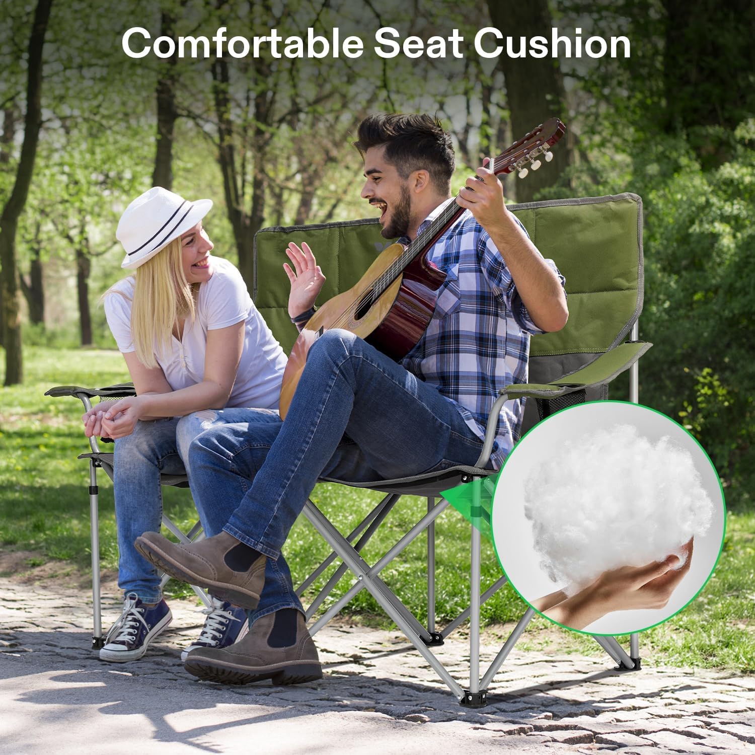 VIVOSUN Double Camping Chair, Fully Padded Folding Loveseat, Portable Oversized Duo Chair with Storage Cup Holders, Height-Adjustable Armrests & Carry Bag, Supports up to 500lbs, Green & Grey - Image 8