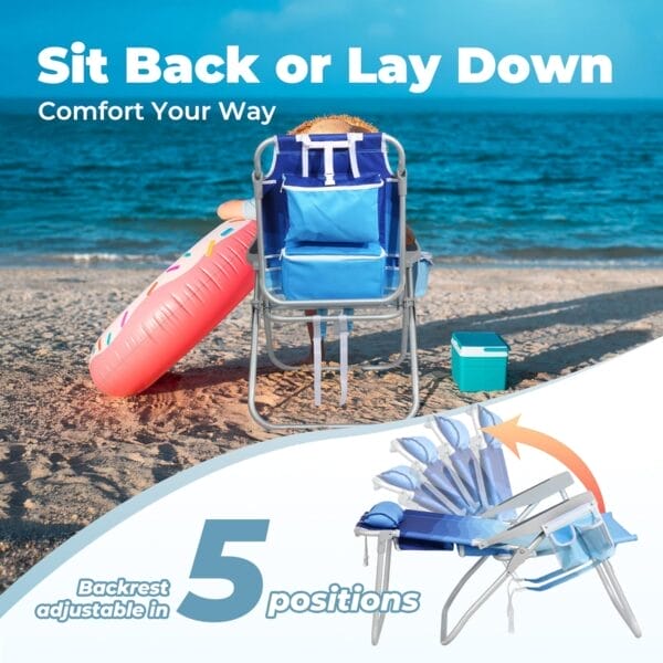 Tall Beach Chairs for Adults – 5-Position Reclining Backpack Chair with Large Insulated Cooler & Storage Pocket, Aluminum Frame, Portable for Travel & Outdoor, Supports 300lbs, Wave Blue - Image 3