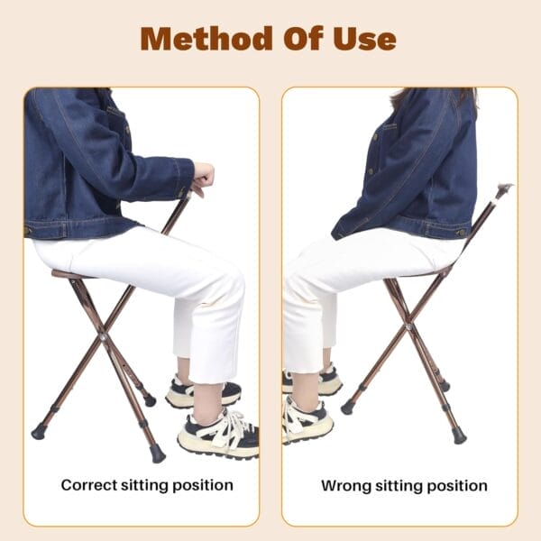 UNLICON-Brown Folding Cane Stool with Seat – Lightweight Adjustable Walking Cane for Seniors, Ergonomic Design, 330 lbs Capacity, Portable and Convenient Cane Chair with Anti-Slip Feet - Image 7