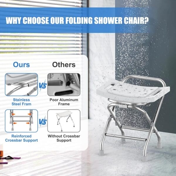 Height Adjustable Folding Shower Chair w/Crossbar, 400lbs Stainless Steel Foldable Shower Chair for Inside Shower, Anti-Slip Portable Travel Shower Stool, Safety Bath Chair for Seniors, Gray - Image 3
