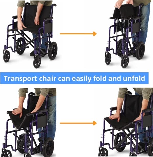 Medline Heavy Duty Transport Chair supports up to 500 lbs., Bariatric Transport Wheelchair, 22" x 18" seat, Blue Frame - Image 7