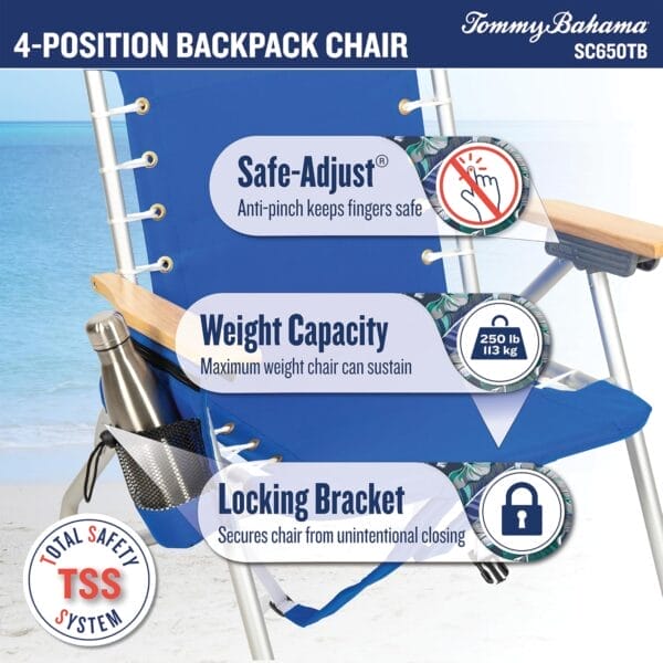 Tommy Bahama Hi-Boy 17" Seat Height 4-Position Lace-Up Suspension Folding Beach Backpack Chair, 1-Pack, Green and Blue Stripe - Image 8