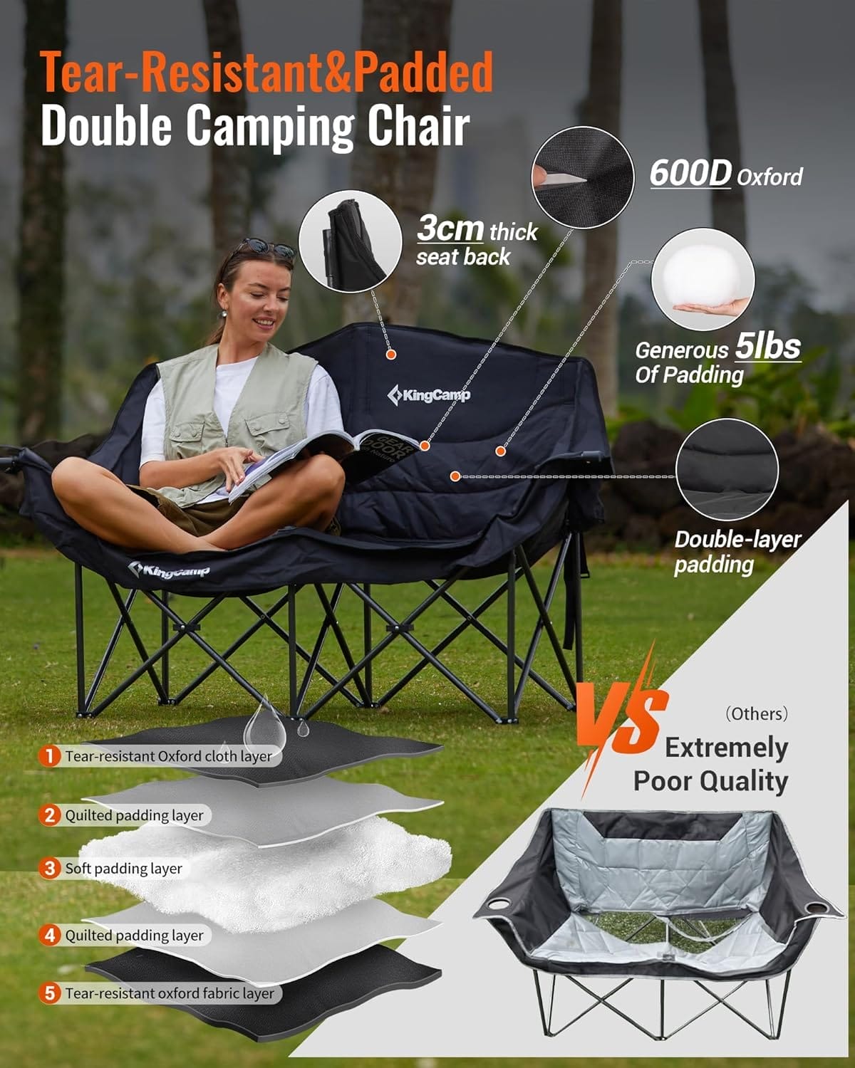 KingCamp Double Camping Chair, Oversized Heavy Duty Loveseat for Adults Portable Folding XL 2 Person Couch Padded Comfortable Two Seat with Cup Holder for Outdoor Lawn Backyard - Image 3