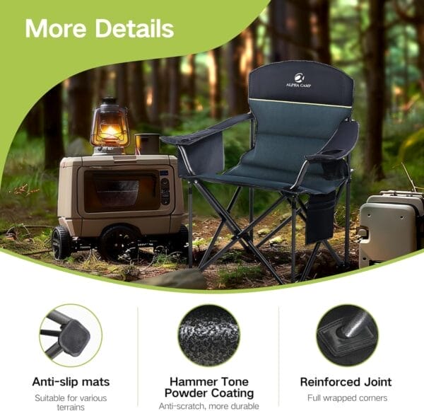 GREEN PARTY Folding Camping Chair Oversized Heavy Duty Lawn Chair with Cooler Bag, Cup Holder, Storage Pocket, Collapsible Padded Outdoor Arm Chair, Quad Lumbar - Image 7