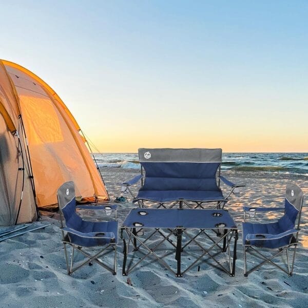 Folding Camping Chair Set of 4,Portable Collapsible Conversation Set w/1 Sofa,2 Single Chairs and 1 Table for Family Patio,Outdoor Travel,Beach(Blue) - Image 2