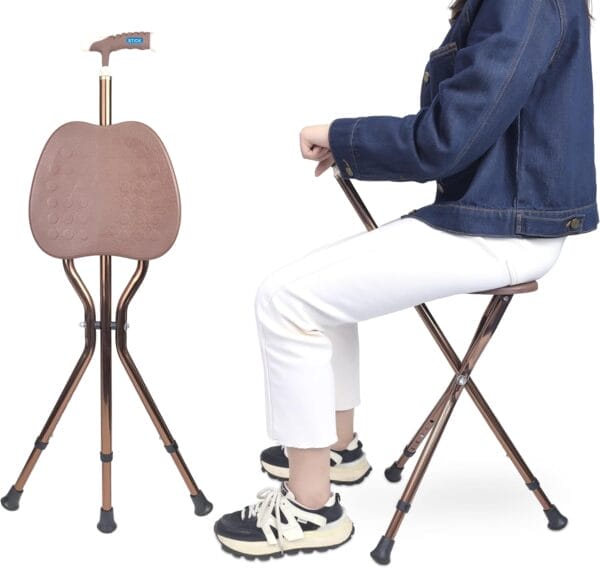 UNLICON-Brown Folding Cane Stool with Seat – Lightweight Adjustable Walking Cane for Seniors, Ergonomic Design, 330 lbs Capacity, Portable and Convenient Cane Chair with Anti-Slip Feet - Image 4