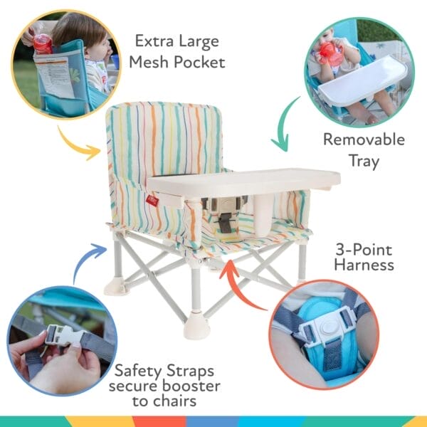 Nuby Easy Go Pop-Up Booster Seat with Removable Tray - 6+ Months - Portable Booster Seat for Floor for Indoor/Outdoor Use - 3-Point Safety Adjustable Straps - Includes Travel Bag - Stripes - Image 5