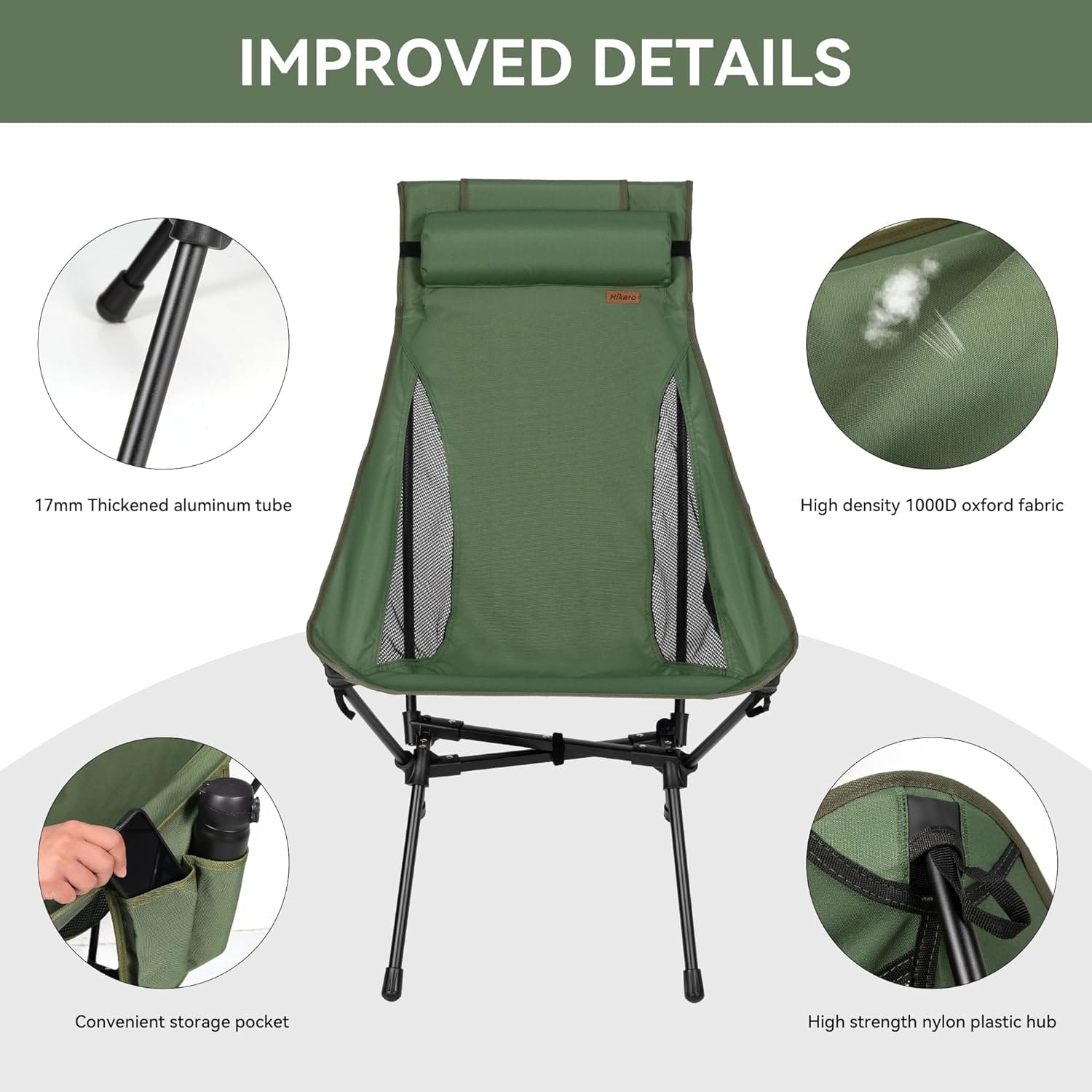 Portable High Back Camping Chair, Support Heavy Duty 440 lbs, Lightweight Folding Chair with Adjustable Pillow for Hiking, Beach, Backpacking (Green) - Image 6