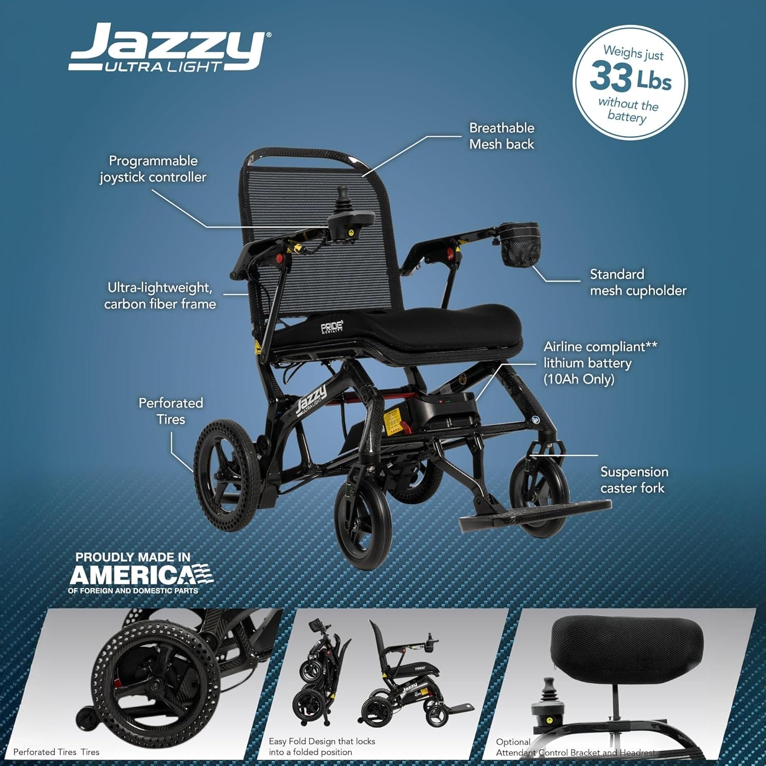 Pride Mobility Jazzy Ultra Light Folding Travel Power Chair - 300 lbs Capacity, 3.69 mph, Lightweight Foldable Electric Wheelchair for Travel Seniors, Adults – 20Ah Extended-Range Battery (Black) - Image 4