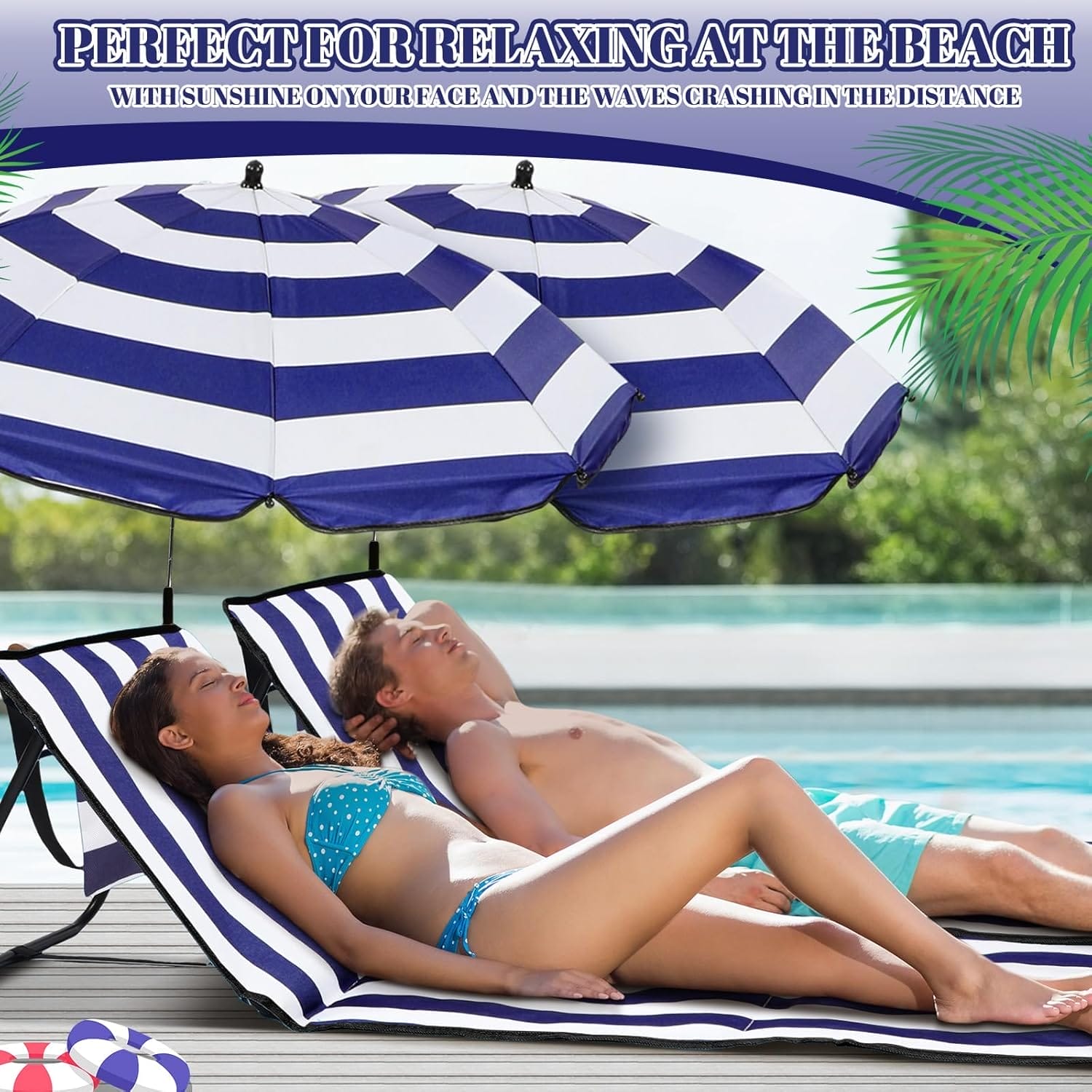 2 Set Beach Chairs with Umbrella Portable Beach Lounger Lightweight Foldable Outdoor Lounger Chair for Adult Outdoor Travel Sunbathing Camping Easy to Fold and Carry (Dark Blue,Stripe Style) - Image 7