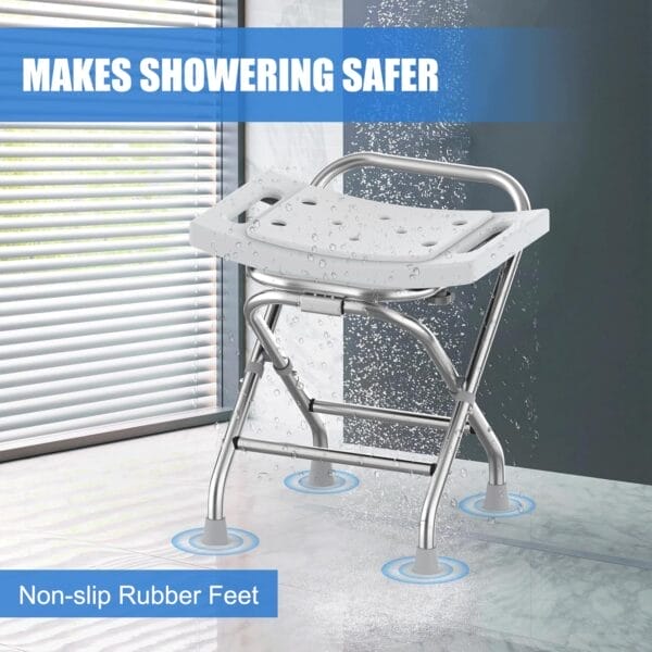 Height Adjustable Folding Shower Chair w/Crossbar, 400lbs Stainless Steel Foldable Shower Chair for Inside Shower, Anti-Slip Portable Travel Shower Stool, Safety Bath Chair for Seniors, Gray - Image 6