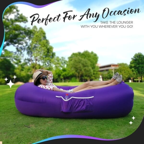 Nevlers Inflatable Lounger | 210T Polyester Inflatable Chair | No-Pump Blow Up Couch | Camping Couch Air Sofa Bed w/ 450 lbs. Cap., Pockets & Matching Bag | Use as Inflatable Couch for Adults & Kids - Image 9