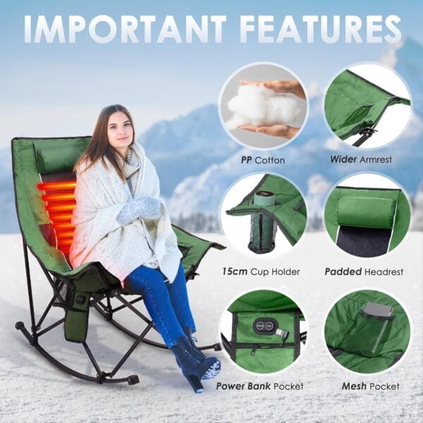 Suteck Heated Rocking Camping Chair, XL Oversized Rocking Chair Outdoor with 3 Heat Levels for Back and Seat, Heated Chairs Outdoor Sports for Patio Lawn Picnic Travel, Power Bank（Not Included） - Image 4