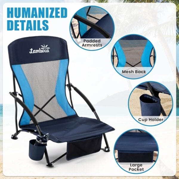 Lamberia Folding Beach Chair for Adults 2 Pack, Portable Low Beach Chairs with 300lbs Capacity, Lightweight Fodable Camping Chair for Travel, Picnic, Concert & Outdoor Activities, Navy Blue - Image 6