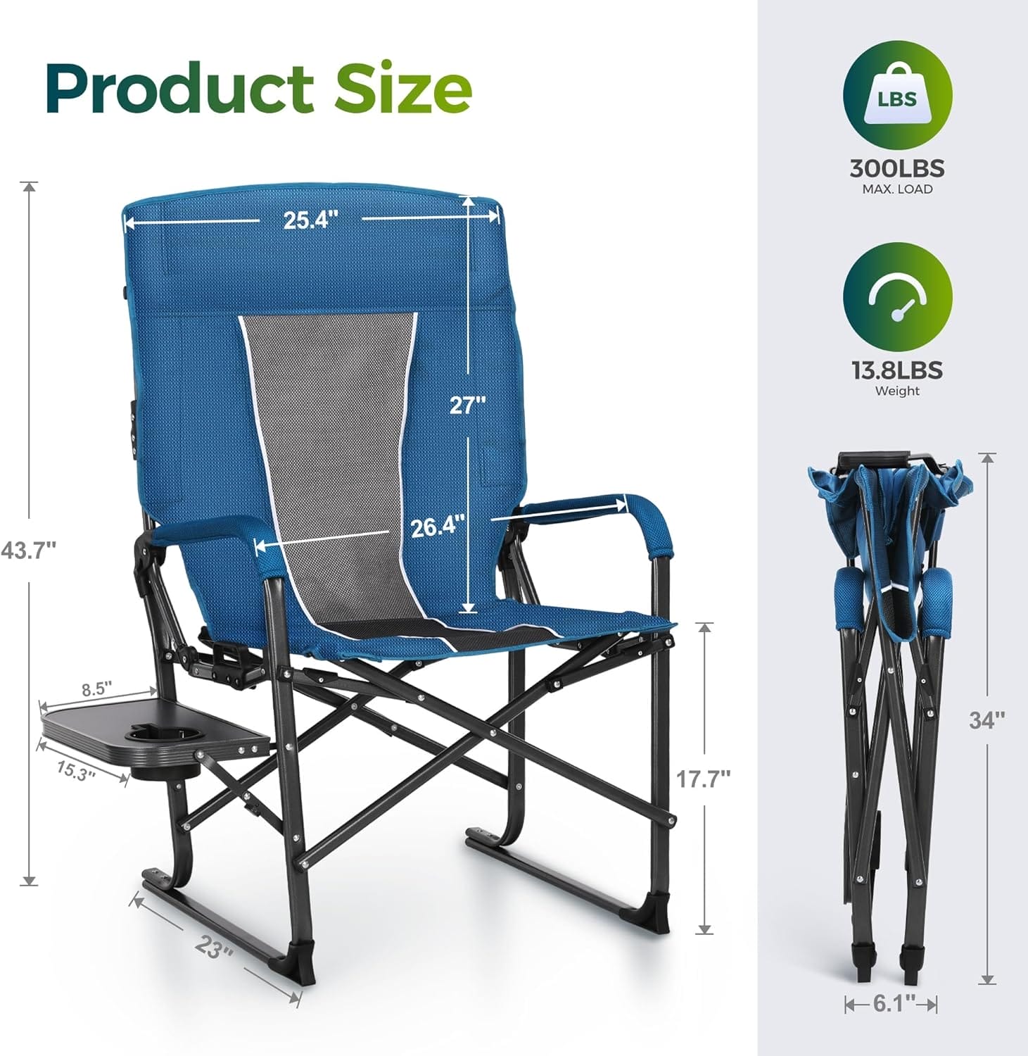 ALPHA CAMP Oversized Folding Camping Chairs High Backrest Reclining Director Heavy Duty Lawn Chairs for Adults Support 300 LBS Fishing Chairs with Large Side Table Cup Holders for Outdoor Fishing - Image 2