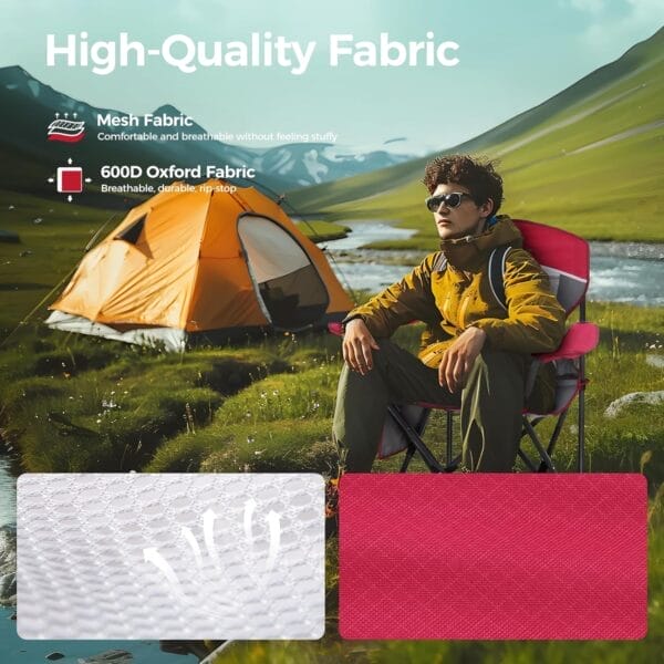 ALPHA CAMP Oversized Mesh Back Camping Folding Chair Heavy Duty Support 350 LBS Collapsible Steel Frame Quad Chair Padded Arm Chair with Cup Holder Portable for Outdoor (Red/Grey) - Image 5