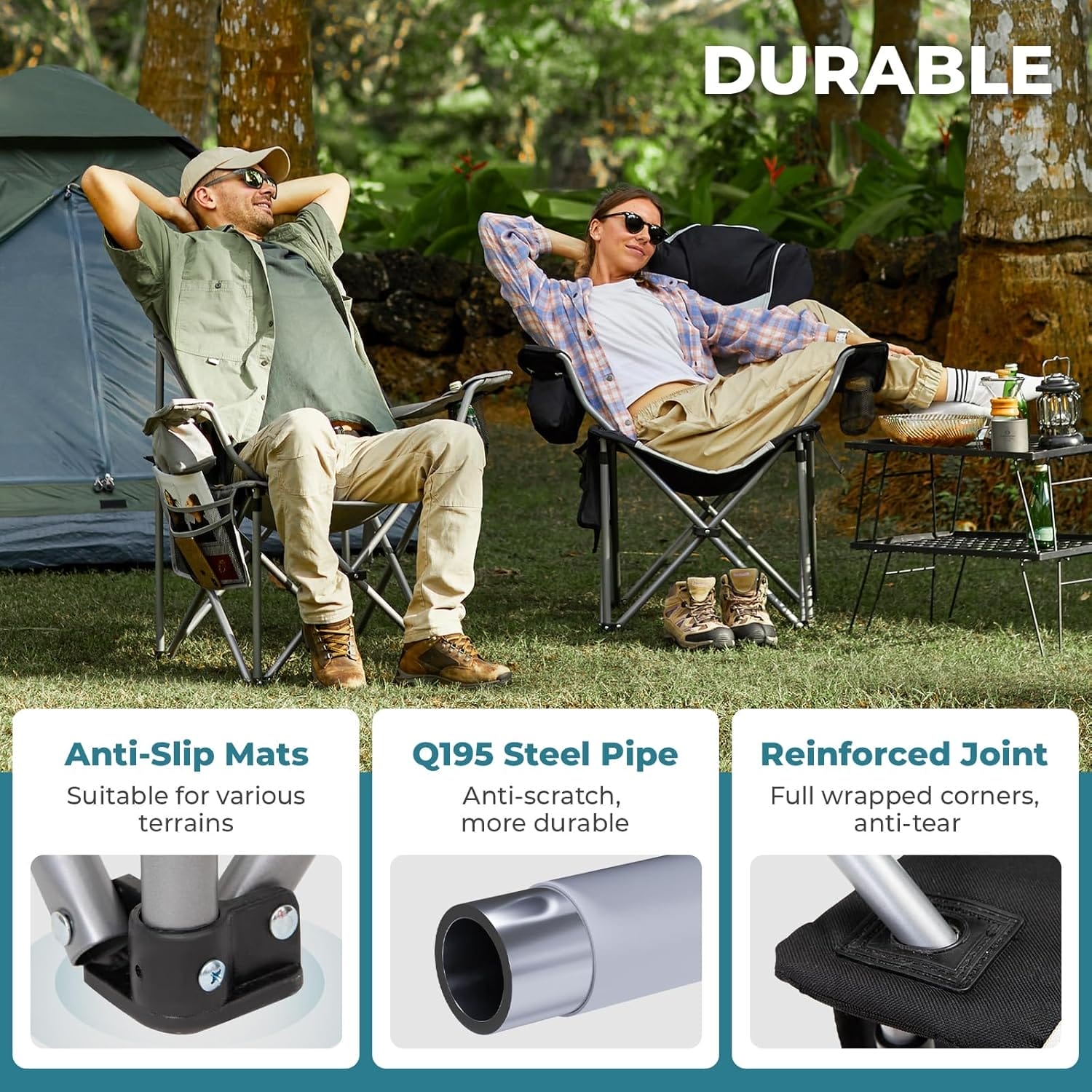 FUNDANGO Folding Camping Chair Heavy Duty, Oversized 440 Lbs Support Outdoor Camp Chairs with Lumbar Support & Cooler Pocket for Fishing Backyard Sports Beach Garden (Black/Grey) - Image 4