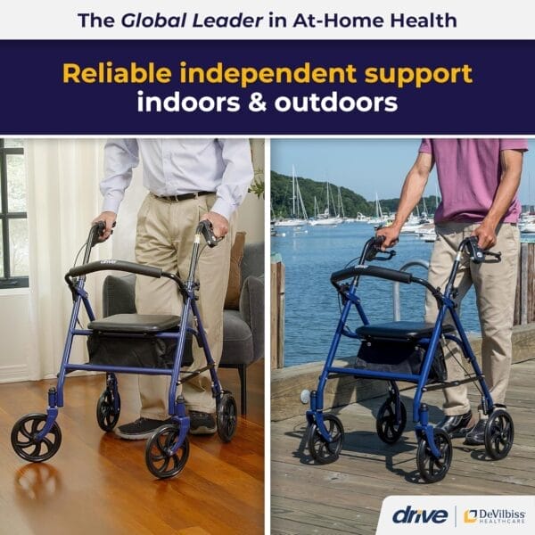 Drive Medical 10257BL-1 4 Wheel Rollator Walker With Seat, Steel Rolling Walker, Height Adjustable, 7.5" Wheels, Removable Back Support, 300 Pound Weight Capacity, Blue - Image 2