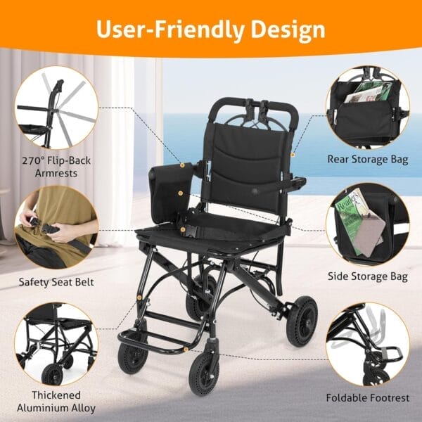 WICHEMI 17.4lbs Ultra-Lightweight Transport Wheelchairs for Adults,220lbs Capacity,17.3" Seat,Portable, Folding, Collapsible,Narrow Transfer Wheel Chair with Carrying Bag - Image 4