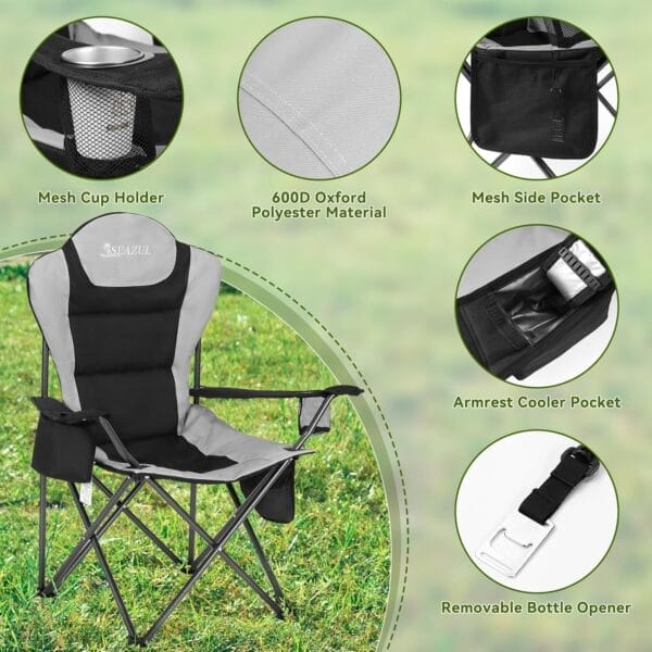 Camping Chairs for Adults, Camp Chair, Folding Chairs for Outside, Support 380 LBS, Portable Travel Lawn Outdoor Camping Chairs with Cup Holder & Cooler Bag, Sports Chairs for Baseball, Soccer - Image 3