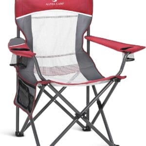 ALPHA CAMP Oversized Mesh Back Camping Folding Chair Heavy Duty Support 350 LBS Collapsible Steel Frame Quad Chair Padded Arm Chair with Cup Holder Portable for Outdoor (Red/Grey)