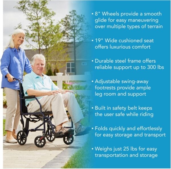 Carex Transport Wheelchair With 19 inch Seat, Folding Transport Chair with Foot Rests, Foldable Lightweight Wheelchair Foldable for Storage and Travel - Image 3
