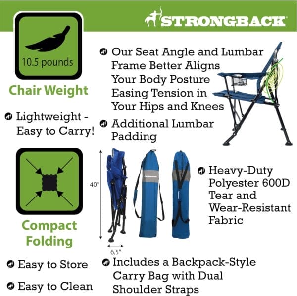 STRONGBACK Camping Chair Guru Heavy Duty Camping Chairs with Lumbar Suppor - Backpack Folding Camp Chair - Navy - Image 6