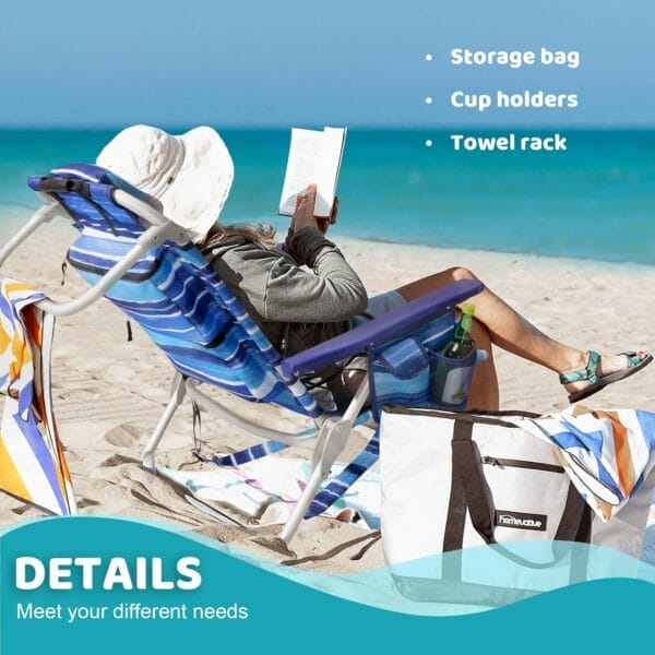 LEMBERI Backpack Beach Chairs for Adults,1/2 Pack Folding Heavy Duty Camping Chair with Large Pockets and Cup Holder,Adjustable high Beach Lounge Chairs with Towel Rack for Outdoor,Travel (1, Blue) - Image 6